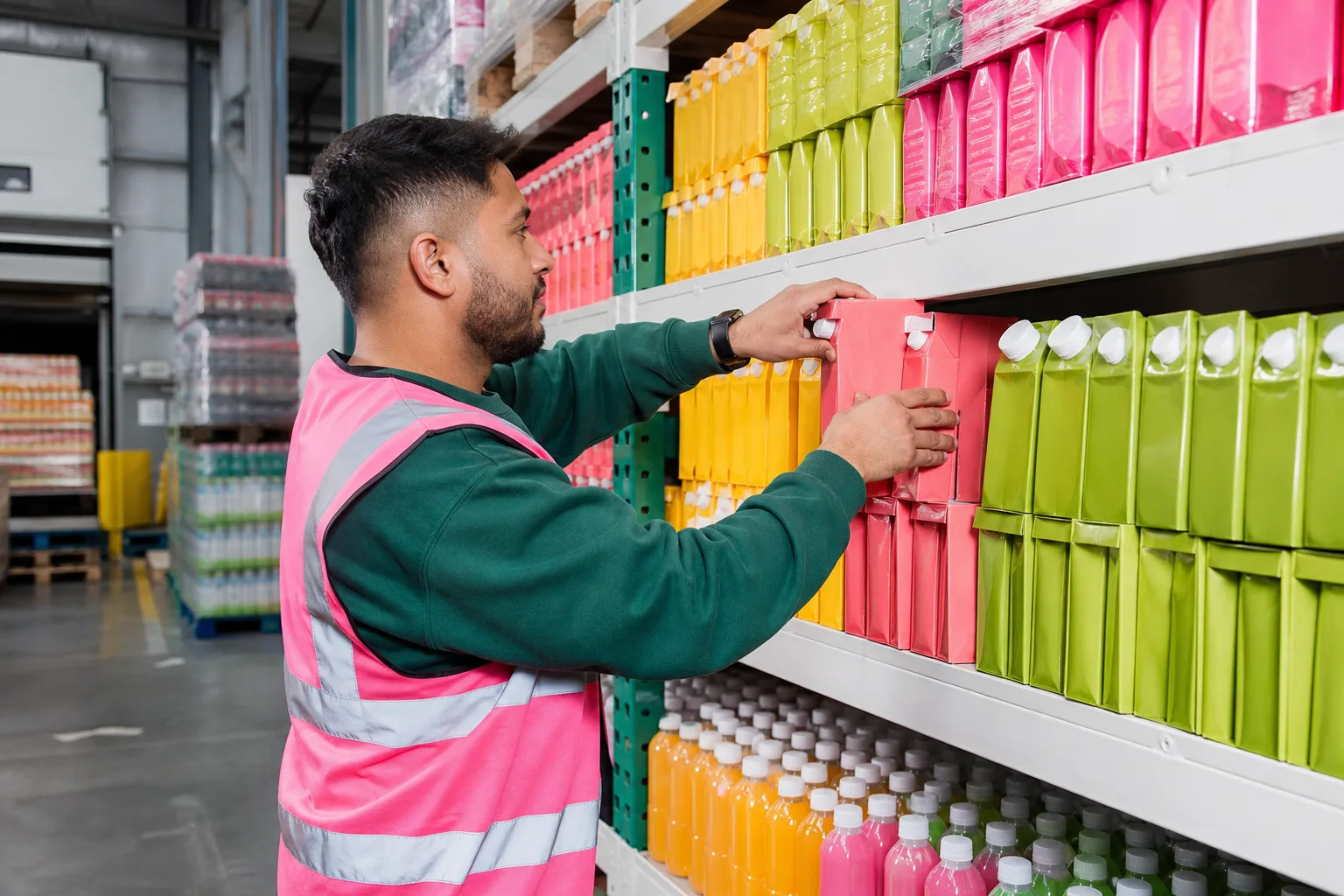 Merovia FMCG team member restocking colourful unbranded food and beverage cartons on a bright warehouse shelf, crisp on-camera flash lighting