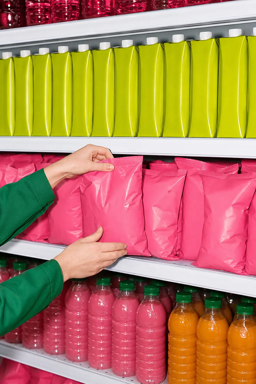 Merovia FMCG warehouse aisle with a forklift beside tall racks of colourful unbranded food and beverage cartons, crisp on-camera flash lighting