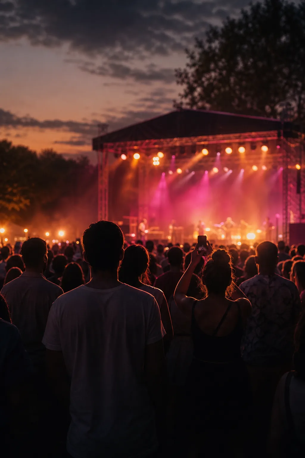 Evening crowd facing a glowing stage