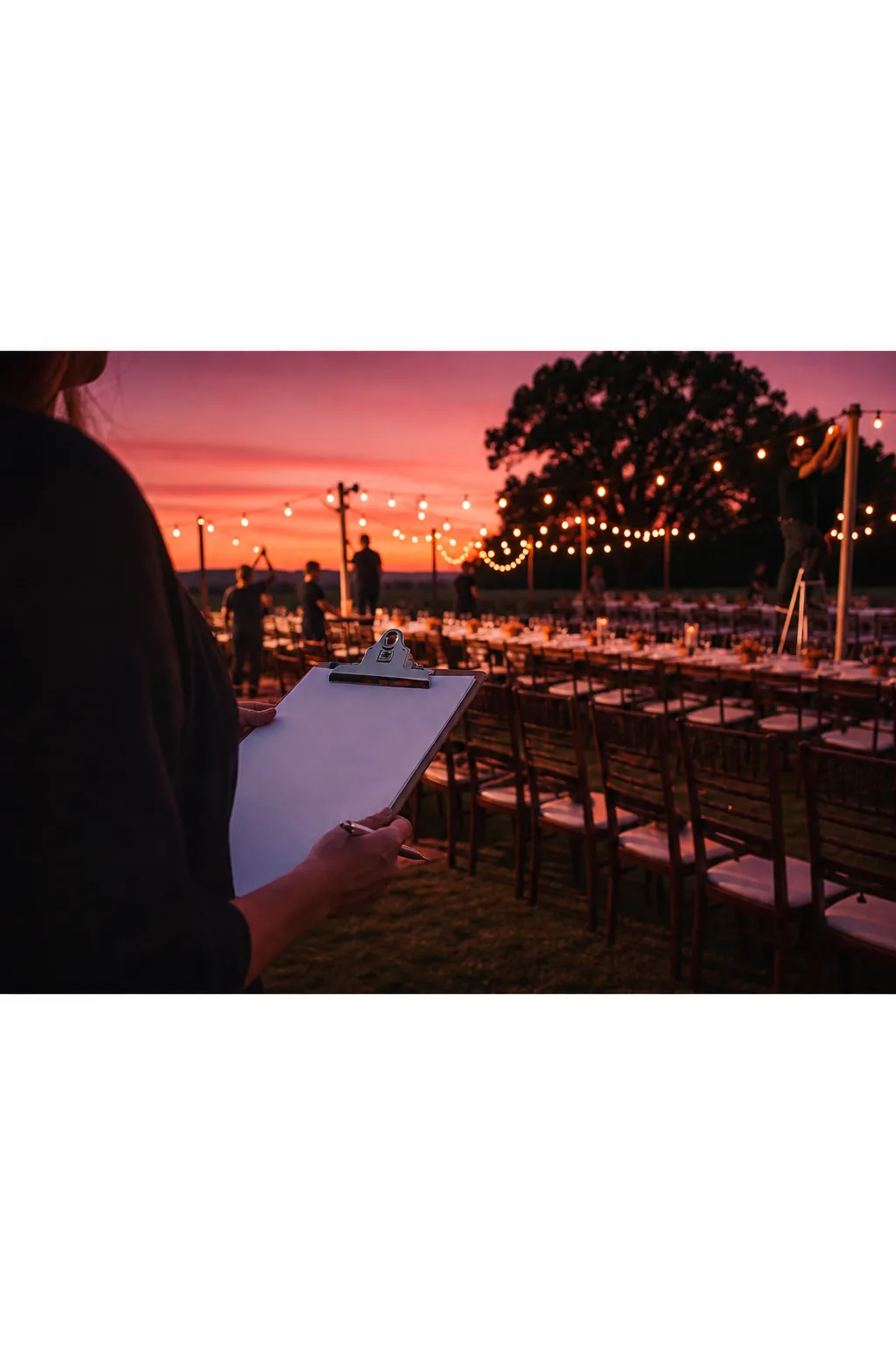 Venue being set up at dusk with chairs and festoon lights